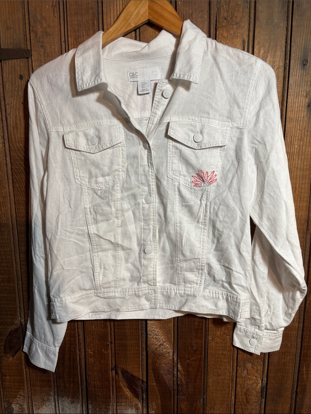 C&C California White linen/ Rayon Jacket with Pink Floral Accent